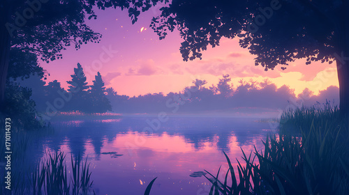 Magical twilight scenery with peaceful water and colorful sunset high resolution picture