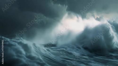 Turbulent, painterly sea with dynamic waves and a stormy, dark sky above