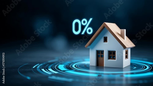 Refinance concept ,Zero percent house mortgage loan finance interest rate saving blue modern vibes zero interest mortgage home