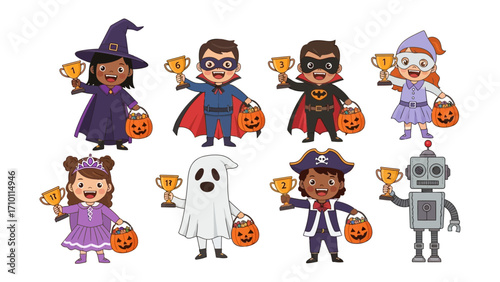 Halloween Celebration with Trophies and Treats: A captivating scene of children in whimsical costumes proudly holding trophies, adding a touch of sweetness with treat-filled pumpkin baskets.