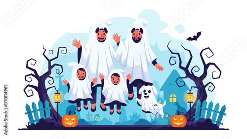 Spirited Halloween Family: A lively family, draped in ghost costumes, radiates joy as they celebrate Halloween night with a charming pet ghost amidst a spooky setting of pumpkins and eerie trees.