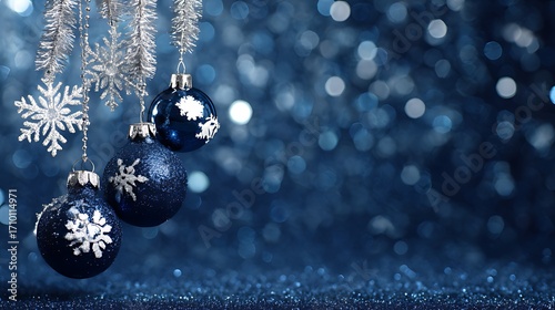 Dark blue christmas ornaments with snowflake details hang gracefully from above