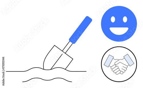 Shovel in soil, cheerful face, and handshake icon emphasizing collaboration, positivity, growth, success. Ideal for project planning, teamwork, partnerships positivity business growth progress