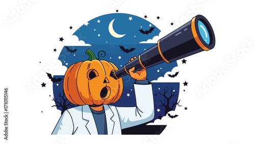 Halloween Night Sky Observation: A whimsical illustration showcasing a pumpkin-headed figure gazing through a telescope at a starry night sky, perfect for Halloween celebration
