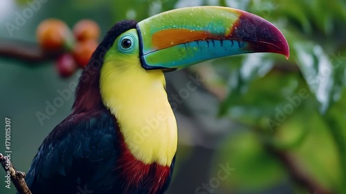 Colorful toucan perched on a branch, feathers of black, yellow, red, with bright beak
