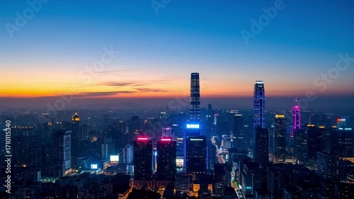 Wallpaper Mural Aerial Timelapse of a Modern City Skyline Transitioning from Sunset to Night Torontodigital.ca