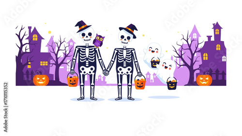 Halloween Specter: Two skeletons embrace amidst a whimsical Halloween scene, with cartoonish haunted houses, grinning pumpkins, and adorable ghosts, evoking a sense of spooky delight.