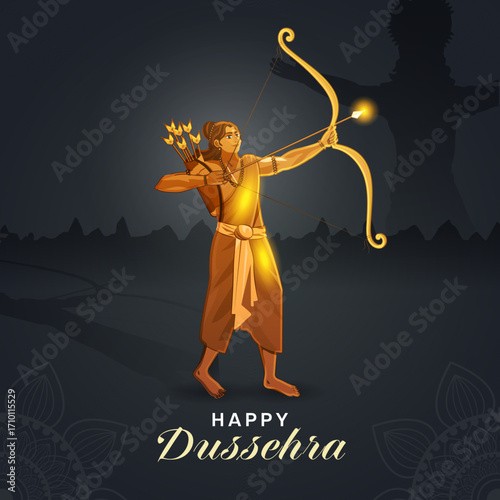 Illustration of Golden Lord Rama with bow and quiver and Ravan for Dussehra festival template