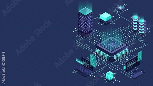 Isometric artificial intelligence chip animation. Artificial intelligence server. Futuristic microchip processor. Isometric cloud computing. 4K video animated in isometric style
