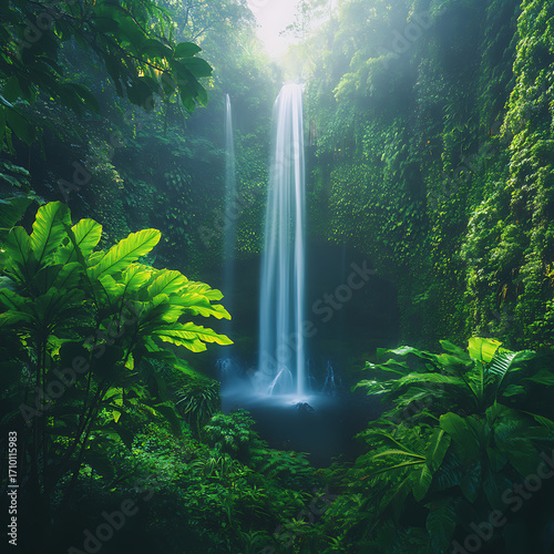 Majestic tropical waterfall pouring into natural blue lagoon high resolution picture