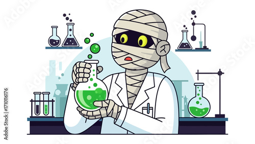 Mummy Scientist in Laboratory: An eccentric mummy scientist meticulously experiments with a bubbling green potion within a vibrant, fully-equipped laboratory setting.