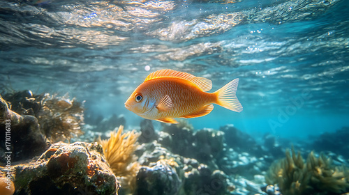 Marine underwater scene with corals rocks and sunlight high resolution picture