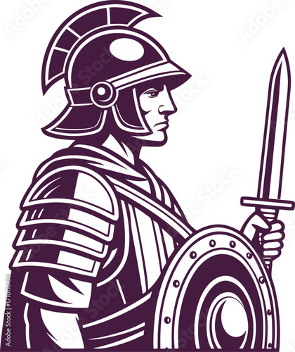 Illustration of a roman legionary in full armor holding a sword and shield vector art