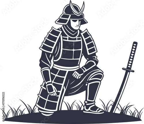 Illustration of a samurai warrior kneeling with his sword, embodying strength and tradition