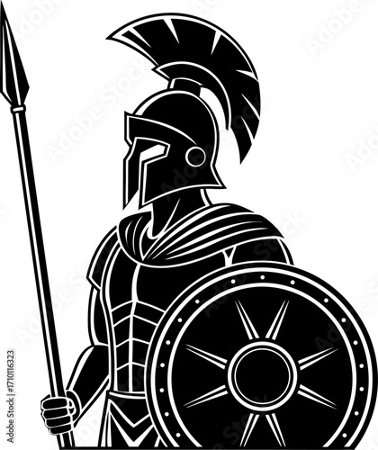 Illustration of a spartan warrior with spear and shield, embodying strength and ancient warfare