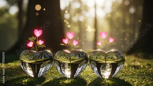 Three Glass Heart-Shaped Objects with Blooming Pink Hearts Growing Inside in a Sunlit Forest Scene
