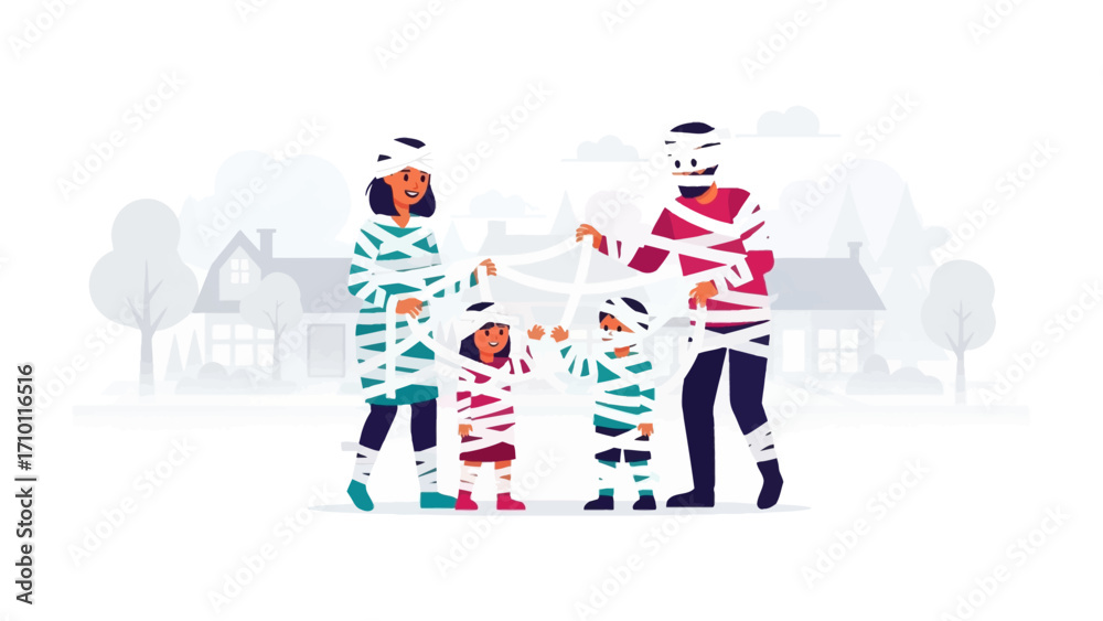 Fototapeta premium Mummy Family Portrait: A family humorously embraces the Halloween spirit, fully wrapped as mummies, with a cartoonish and whimsical charm. 