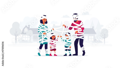 Mummy Family Portrait: A family humorously embraces the Halloween spirit, fully wrapped as mummies, with a cartoonish and whimsical charm. 