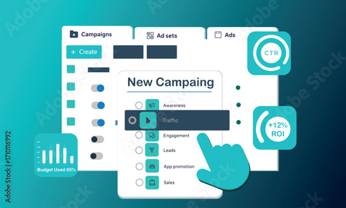 Marketing analytics dashboard. ROI and CTR campaign interface. Business growth advertising panel vector.