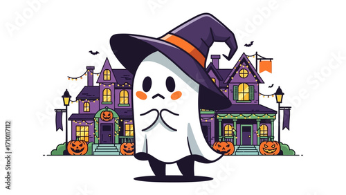 Spooky Halloween Illustration: A cute ghost in a witch's hat stands against a backdrop of a haunted house on Halloween, pumpkins adding to the festive vibes.