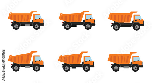 A collection of orange and black dump trucks in a repeating pattern