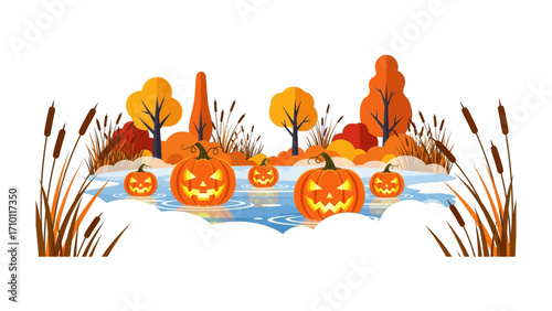 Halloween Pumpkin Scene: A whimsical autumn scene featuring grinning pumpkins floating on a serene water body under a backdrop of colorful trees.