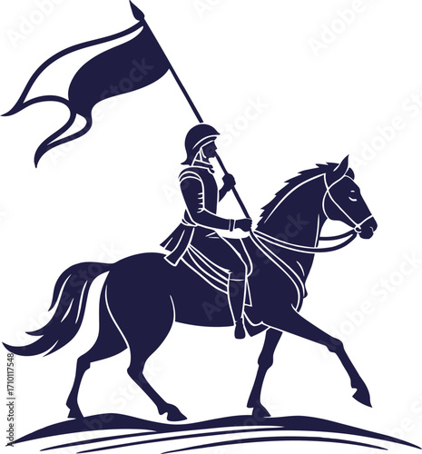 Illustration of a knight on horseback holding a flag vector art