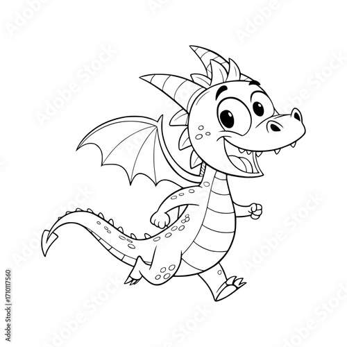 Happy Running Dragon Cartoon Coloring Page for Kids
