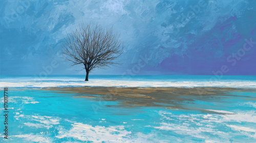Illustration of a single tree standing alone in a vast open landscape.