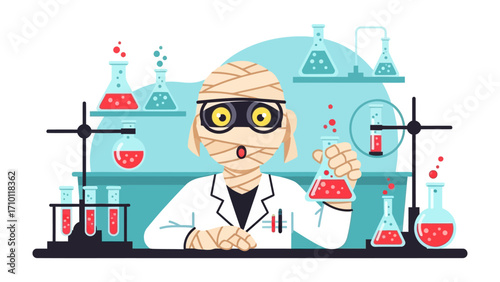 Scientific Experiment: A cartoon mummy scientist in a lab coat with a shocked expression examines colorful liquids inside scientific glassware, showcasing a blend of Halloween and scientific intrigue.