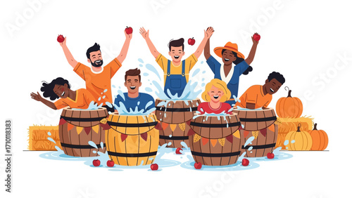Apple Bobbing Frenzy: A vibrant illustration of people celebrating the autumn spirit by enthusiastically participating in a lively apple bobbing game, full of joyful splashes. 