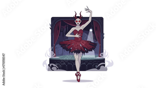 Eerie Ballerina in Shadow Dance: A mesmerizing ballerina, adorned in a crimson tutu and shadowed ambiance, performs a spectral dance on a theatrical stage, a haunting performance of art and grace.