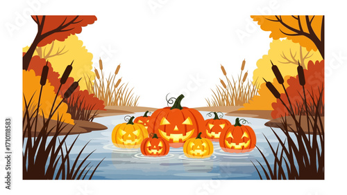 Pumpkin Parade in the Autumnal Embrace: A whimsical illustration captures the essence of Halloween, featuring glowing jack-o'-lanterns floating serenely on the water.
