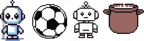 Retro Pixel Art Robots Soccer Ball and Clay Pot Collection