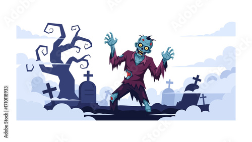 Spooky Zombie in Graveyard: An illustrated Zombie shuffles through a haunting graveyard, showcasing the undead walking through a spooky landscape on a foggy day.