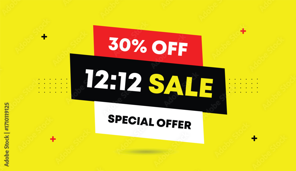 Fototapeta premium 12 to 12 sale 30 percent off editable web banner special offer vector art illustration design abstract business background black red white yellow shapes modern promotion marketing template
