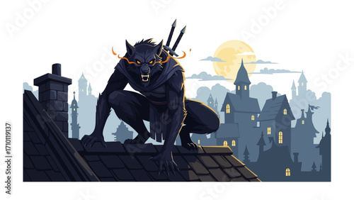 Moonlit Werewolf: An illustration captures the essence of the beast crouching on a rooftop, with burning eyes and a menacing gaze against the backdrop of the full moon over the silhouetted cityscape.