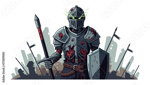 Knight in Armor: A formidable knight in battle armor, emanating strength and courage, stands poised amidst a backdrop of a historical battlefield.