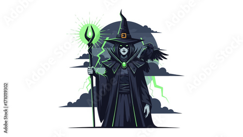 Enchanting Sorceress: A mysterious sorceress stands empowered, exuding an aura of ancient magic amidst swirling mists and shadowed skies. 
