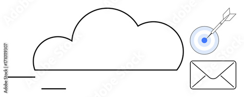 Cloud connected to lines, envelope for email, target with arrow. Ideal for technology, communication, data sharing, marketing, precision cloud computing collaborative work. Simple flat metaphor