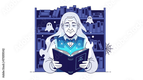 Ghost Reader: A spectral figure, draped in ghostly attire, engrossed in a book, surrounded by spectral presence and shelf of books, evoking an eerie yet scholarly atmosphere.