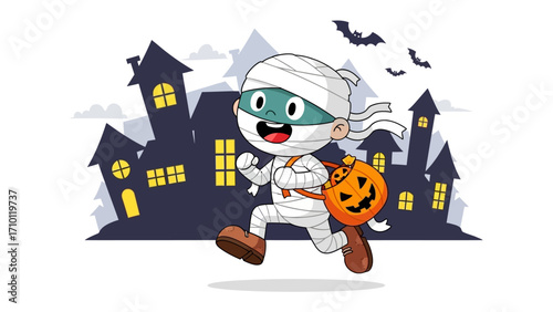 Halloween Mummy's Spooky Adventure: A delightful Halloween illustration featuring a cheerful mummy boy, navigating a spooky haunted house.