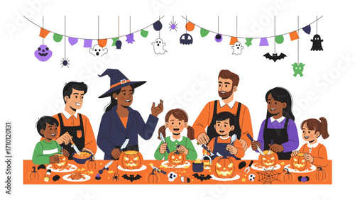 Halloween Family Fun: A heartwarming illustration captures the essence of togetherness as a family enthusiastically carves pumpkins.