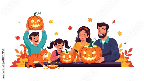 Festive Family Pumpkin Carving: A cheerful family joins in carving pumpkins in the animated autumnal setting, creating a joyful seasonal moment. 