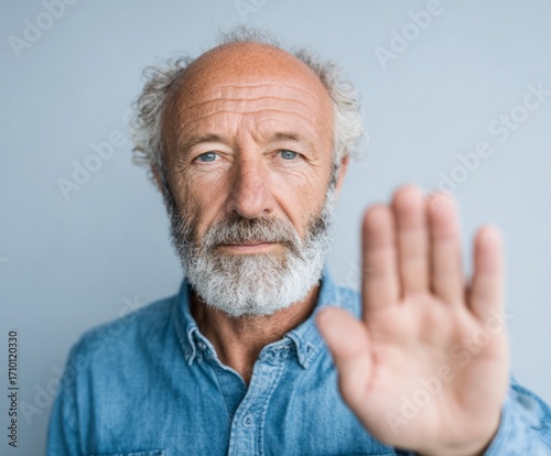 A mature man with a gray beard and a raised hand conveying a sense of negation against a neutral backdrop.