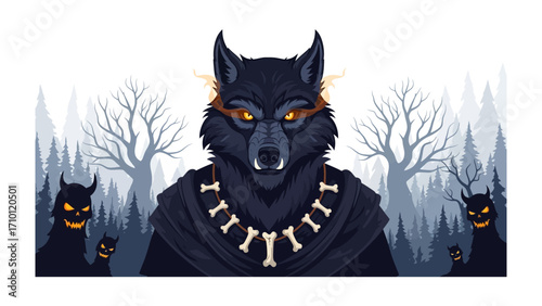 Mystic Wolf Sentinel: A powerful wolf, adorned in tribal regalia, exudes an air of mystery and guardianship against a backdrop of an eerie, shadowy woodland. 