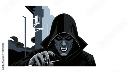 Menace in the Shadows: A chilling illustration unveils a menacing figure cloaked in darkness, baring sharp teeth and gripping a deadly blade, set against an ominous urban backdrop.