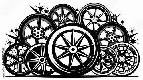 Vector art of a dynamic composition of various wheels, each with unique spoke designs, creating a sense of motion and mechanical complexity