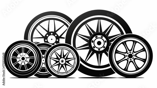 Vector art of a collection of different car wheels, each with a unique design and style