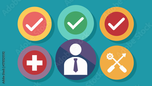 Vector art of set of business and service icons with check mark, plus sign, user, and tools isolated on background concept of business management and service